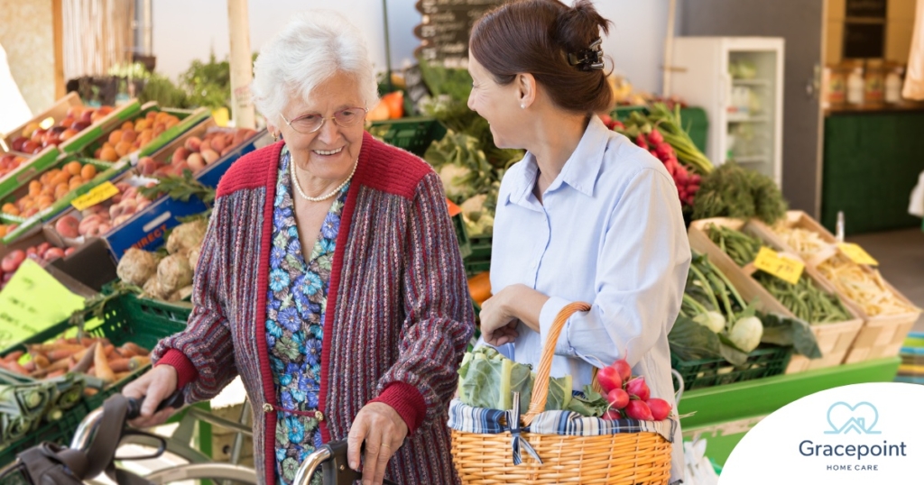 A caregiver shops for groceries with an older adult, representing shopping for a diabetes-friendly diet.