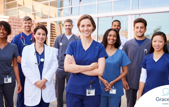 A variety of happy healthcare workers represent the various roles that can come from a career in home health.