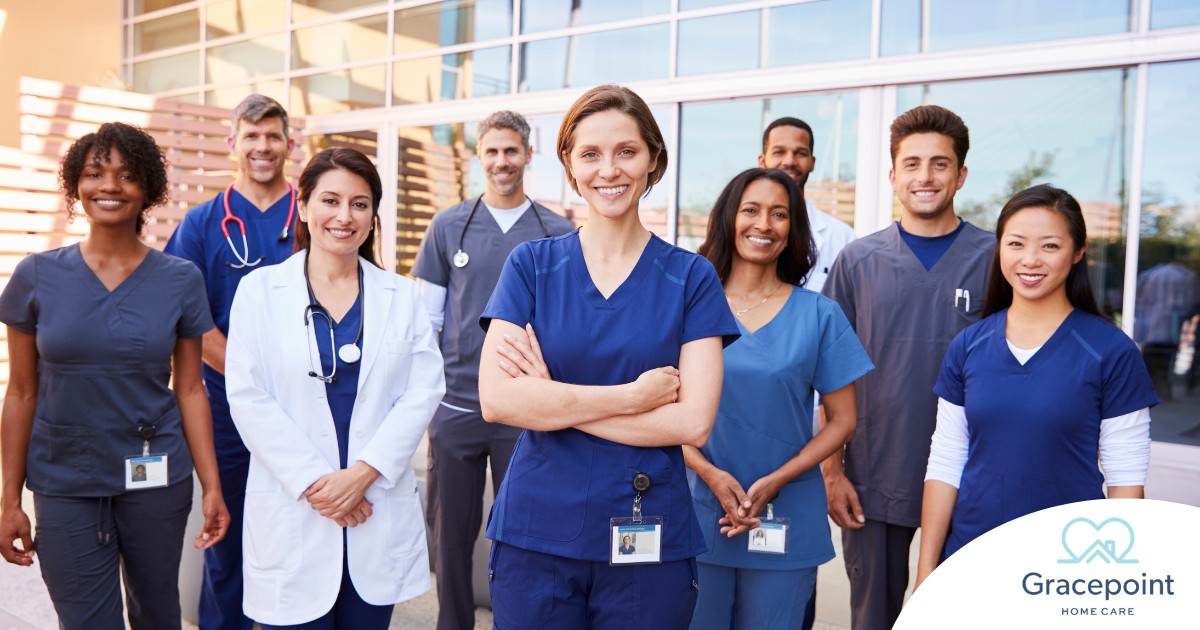 A variety of happy healthcare workers represent the various roles that can come from a career in home health.