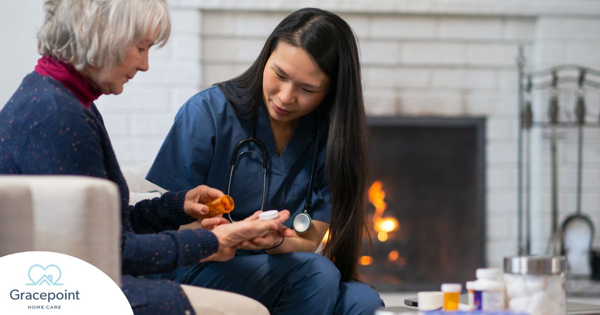 A nurse helps a patient at home with her medications, representing how home health nurses can help with disease management.