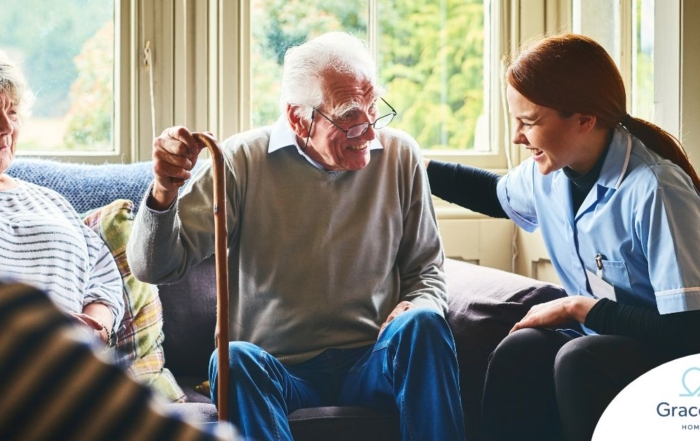 A woman has a good time with her older clients, representing the kind of personal skills needed to be a good caregiver.