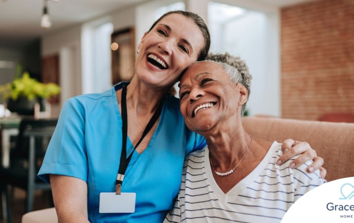 Young home health care nurse helping senior woman to recover at home.