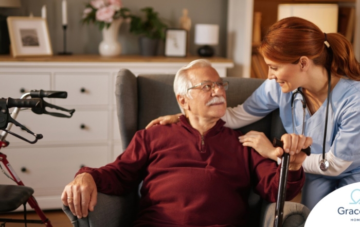 A caregiver helping a woman with a walker make her senior home safer.