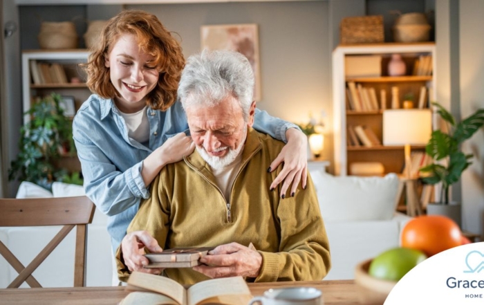 Caregiver and elderly dementia sufferer in-home care.