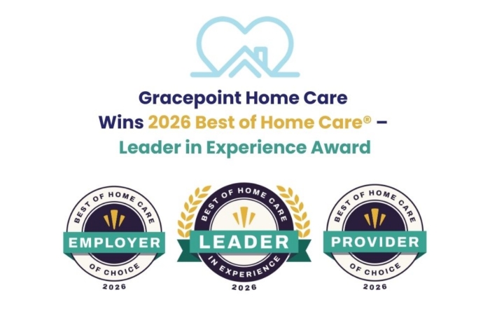 Gracepoint Home Care graphic showing the 2026 Best of Home Care® Leader in Experience, Employer of Choice, and Provider of Choice award badges.