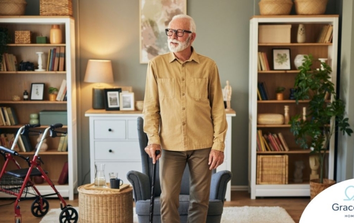 Exploring fall prevention for seniors — an elderly man stands in a safely arranged room.