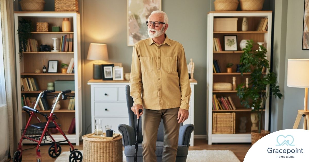 Exploring fall prevention for seniors — an elderly man stands in a safely arranged room.